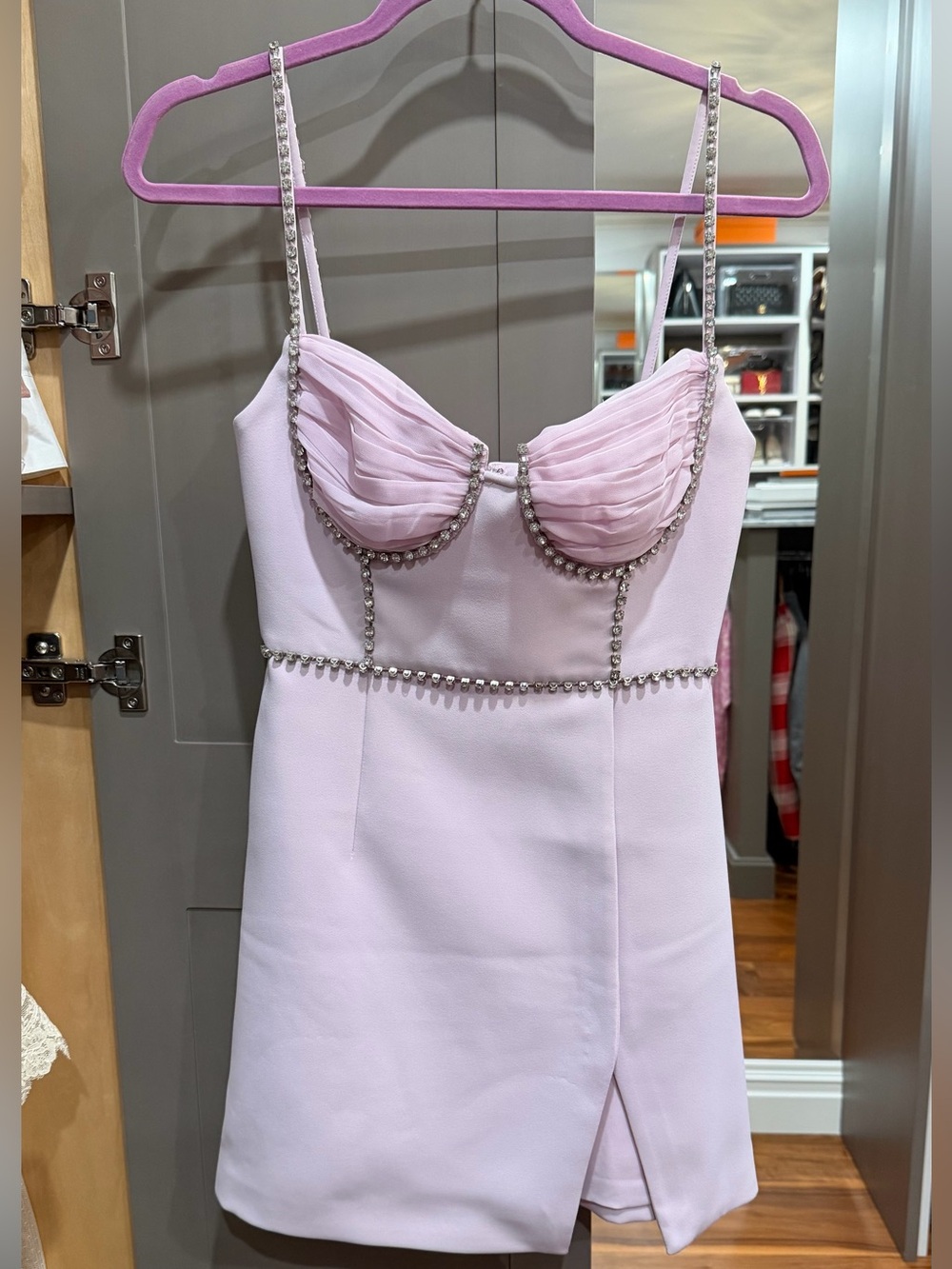 Self-Portrait Pale Pink Crystal-Trim Mini Dress